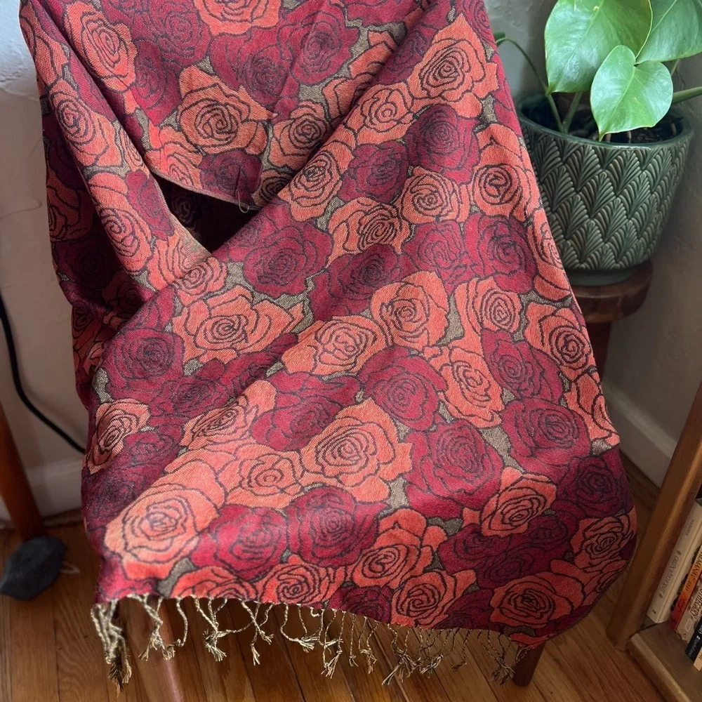 Boho Red Rose Floral Pashmina Style Shawl Scarf Jacquard Wrap